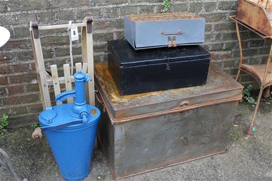 Wooden sledge ,Regent Oil dispenser, tin trunk & 3 other boxes (-)